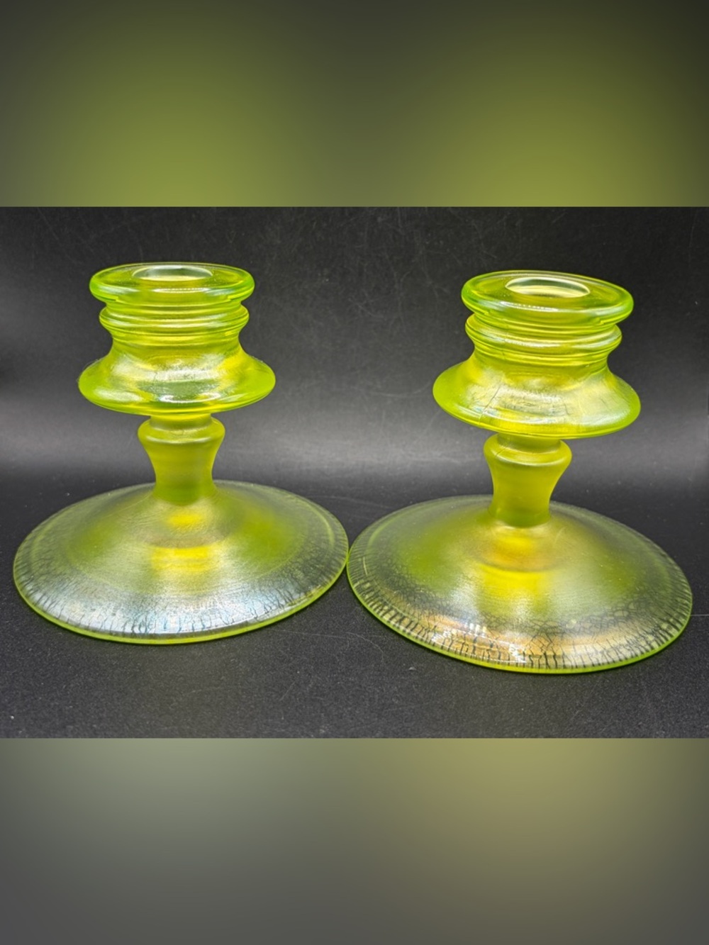 Vintage Vaseline Onion Skin Stretch Glass Uranium Candlesticks Candle Holders